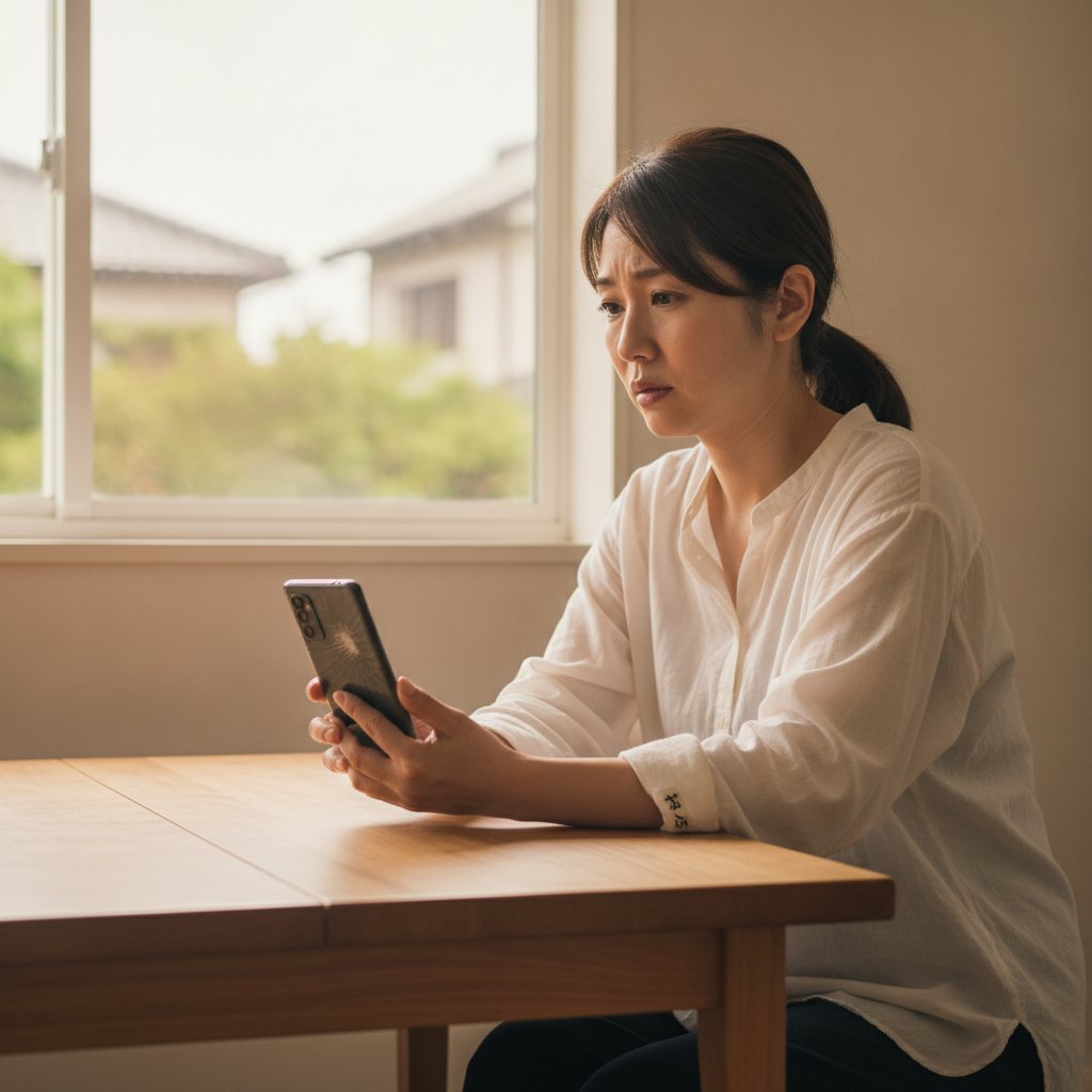 画面にヒビの入ったGoogle Pixel 10を見て困っている日本人女性