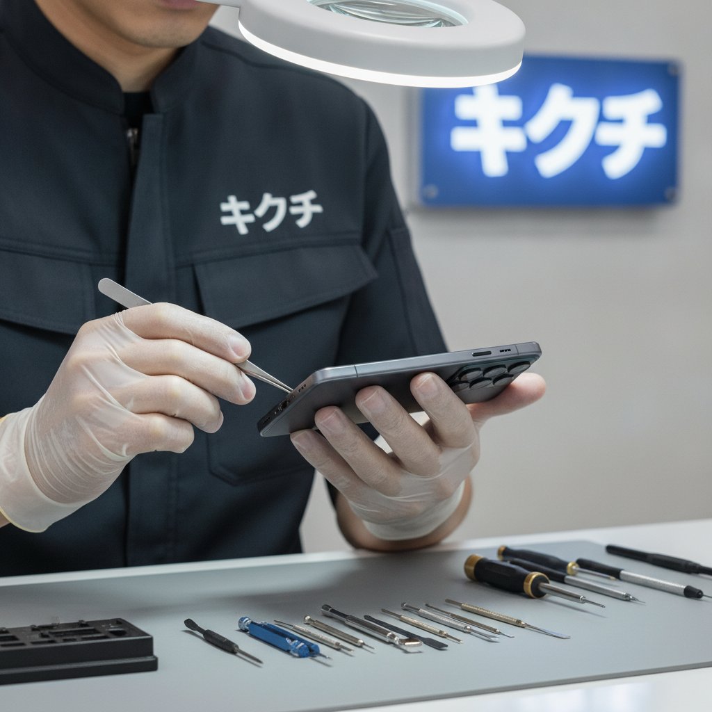 修理のキクチの技術者がPixel 10のUSB-C充電口を拡大鏡で点検している様子