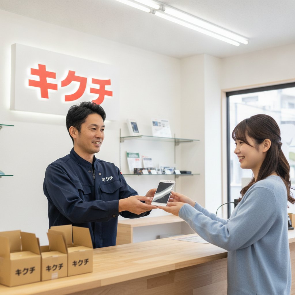 修理が完了したGoogle Pixel 10を受け取る日本人のお客様と修理のキクチのスタッフ