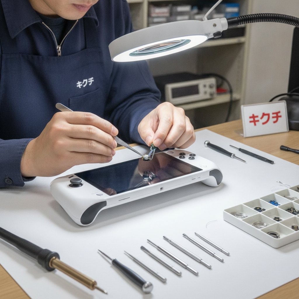 修理スタッフが携帯型リモートプレーヤーのアナログスティックを点検している様子