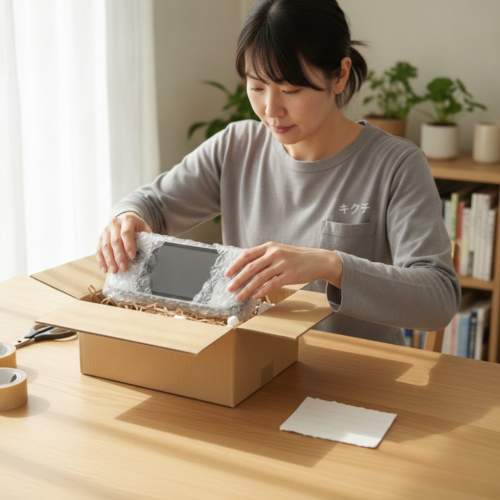 郵送修理のために携帯型ゲーム機器をエアキャップで包み箱に梱包する女性