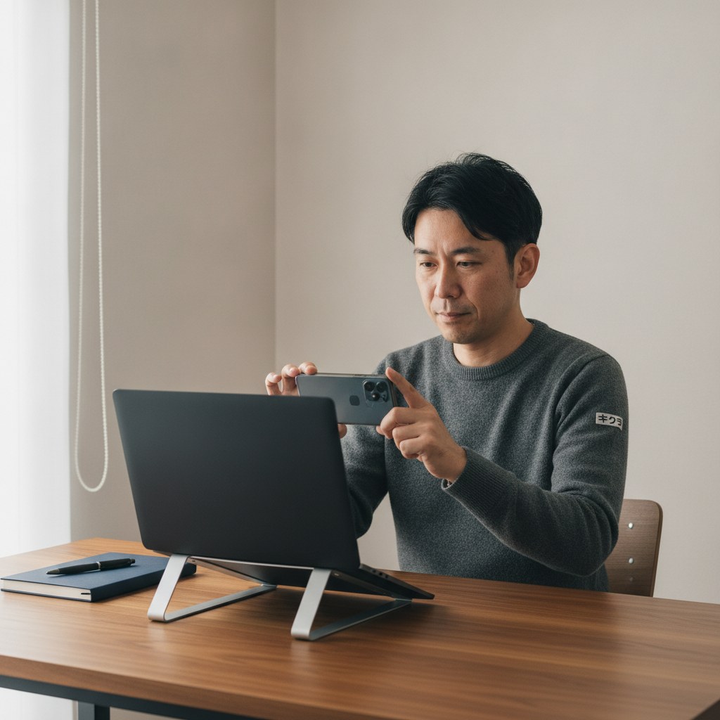 修理に出す前にパソコンのライセンス情報をスマートフォンで記録する男性