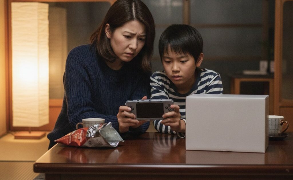 画面が映らなくなった携帯型ゲーム機を見て困っている親子と、新しいゲーム機の箱