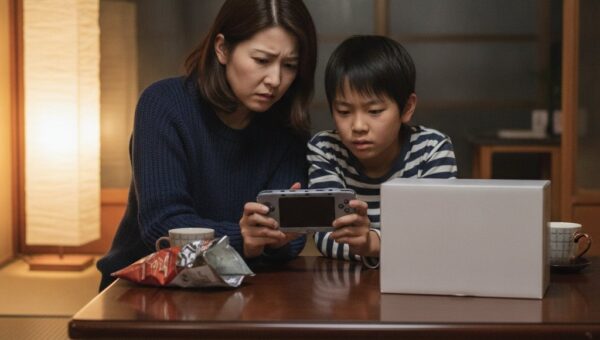 画面が映らなくなった携帯型ゲーム機を見て困っている親子と、新しいゲーム機の箱
