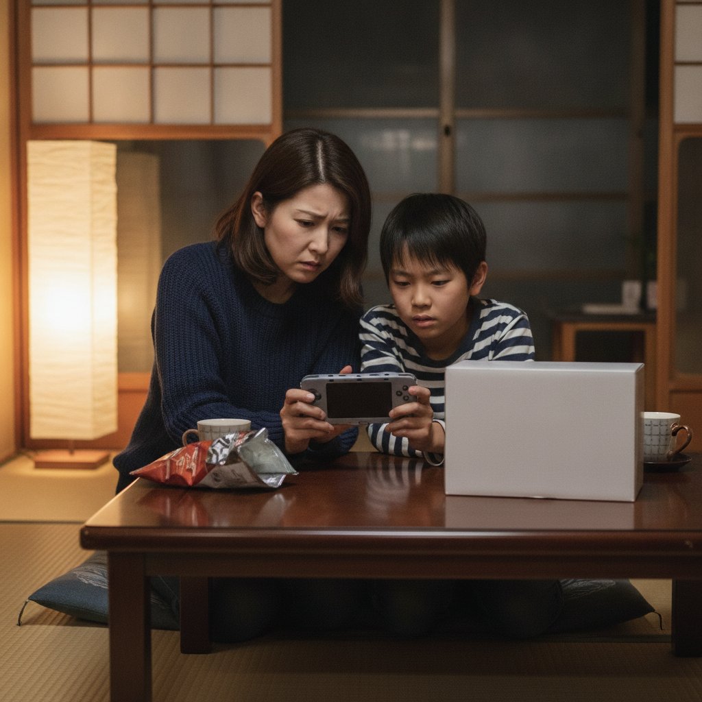 画面が映らなくなった携帯型ゲーム機を見て困っている親子と、新しいゲーム機の箱