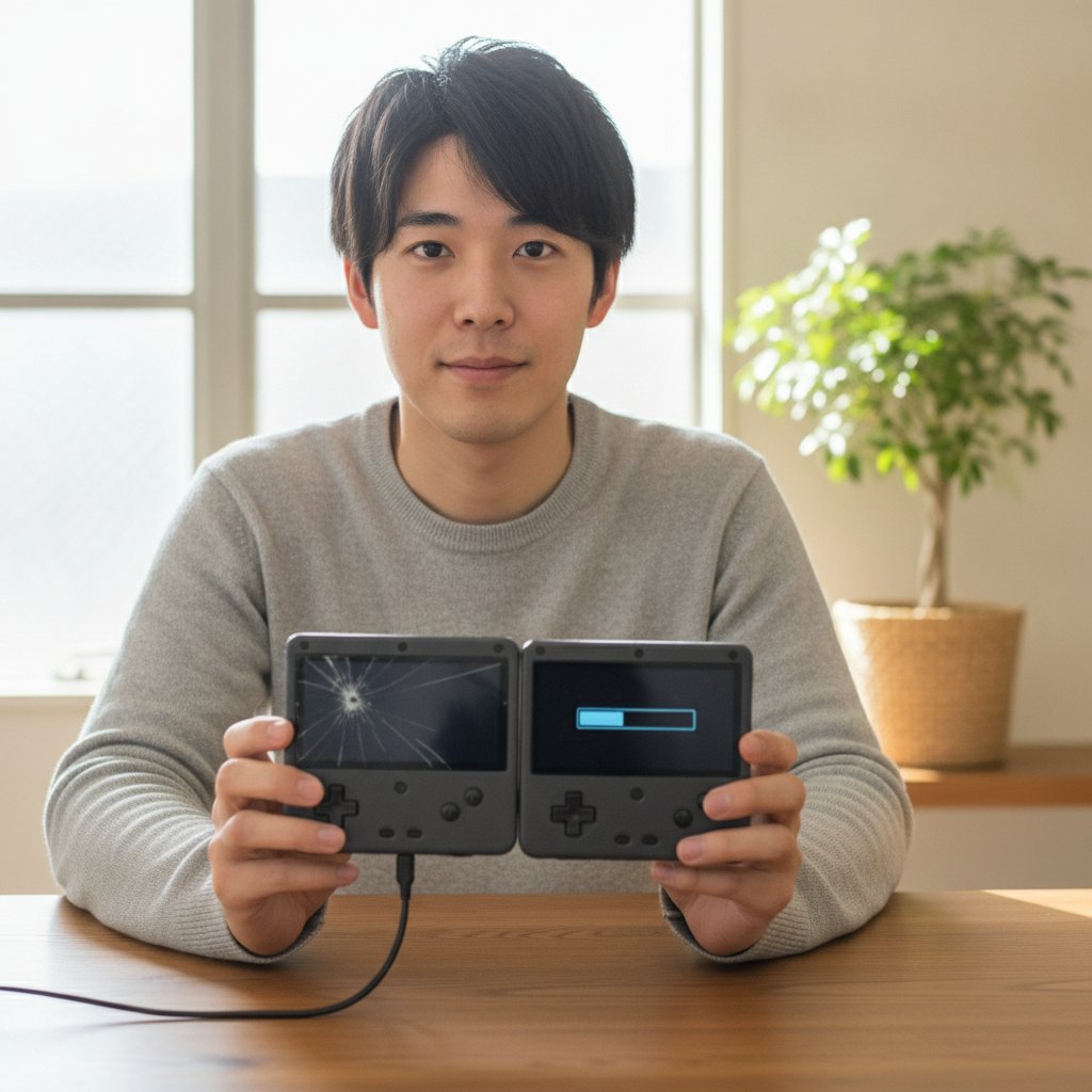 画面が割れた携帯型ゲーム機から新しい本体へデータを移している男性