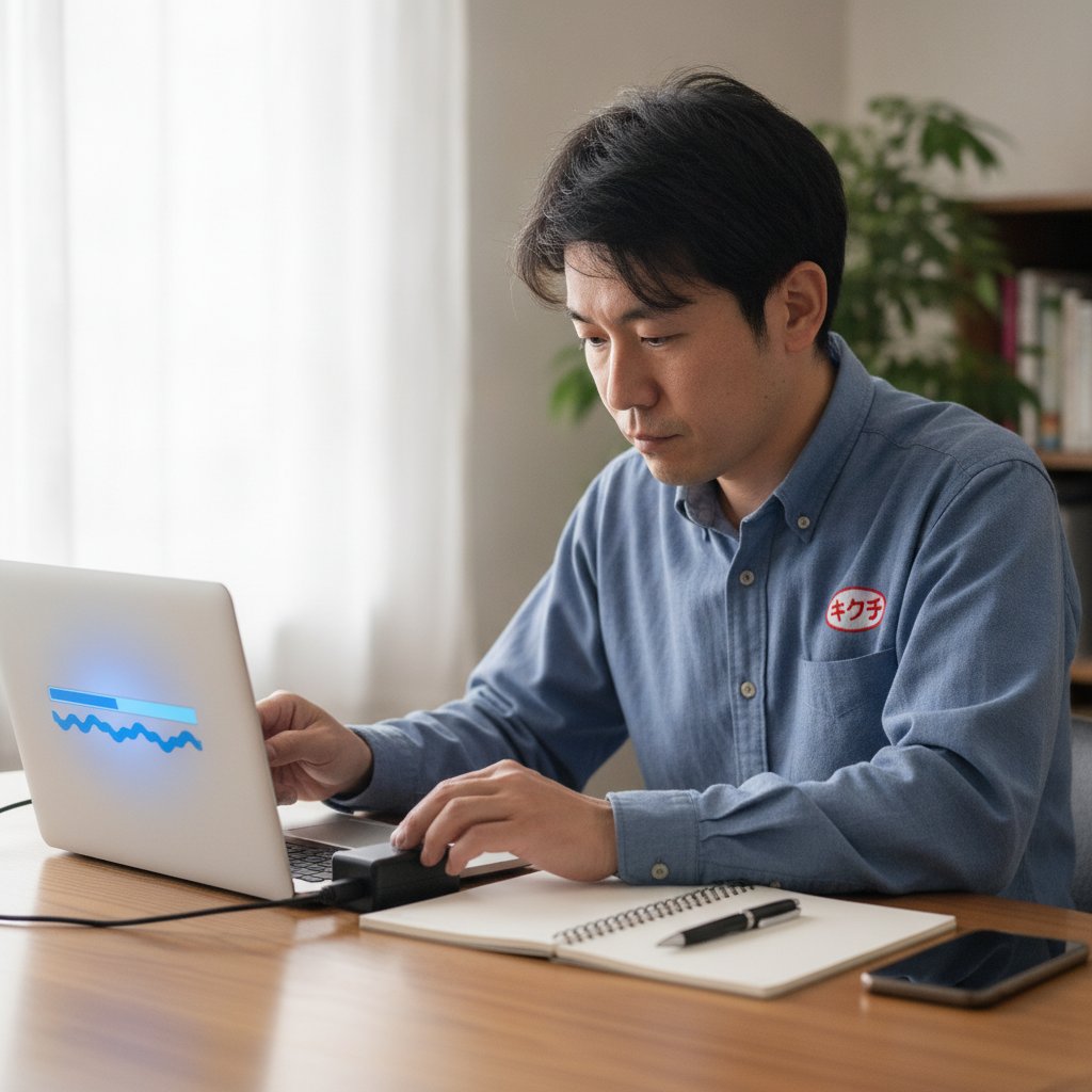 BIOS更新の前にACアダプターを接続し、BitLocker回復キーを控える準備をする男性