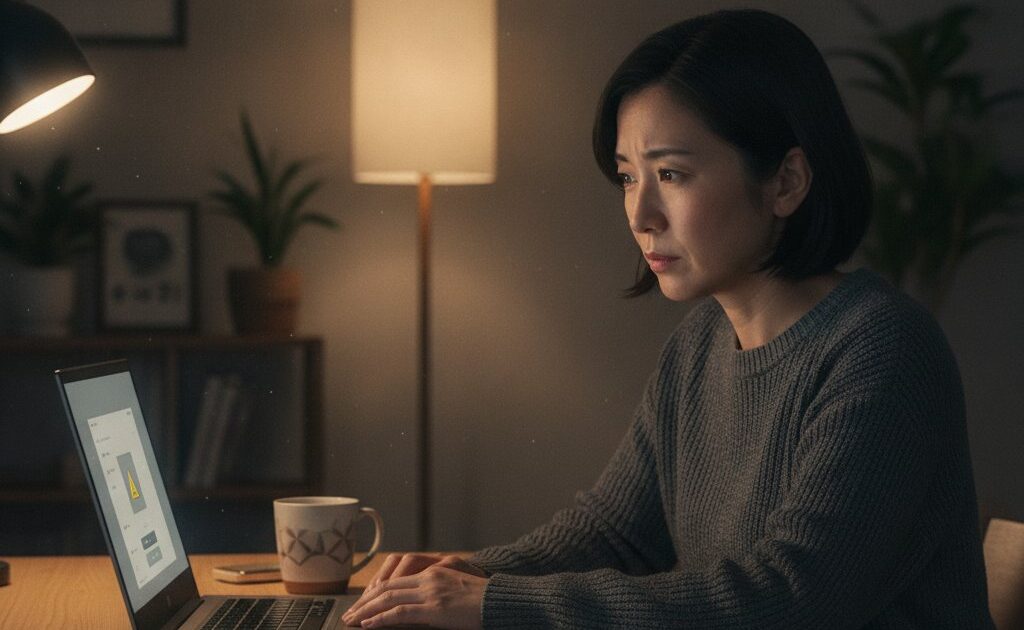 Windows セキュリティのセキュアブート欄に表示された注意マークを心配そうに確認する女性