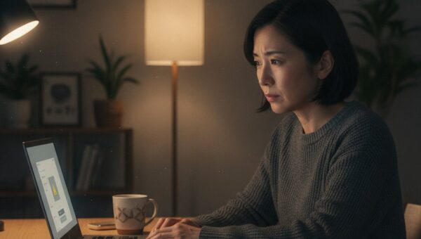 Windows セキュリティのセキュアブート欄に表示された注意マークを心配そうに確認する女性
