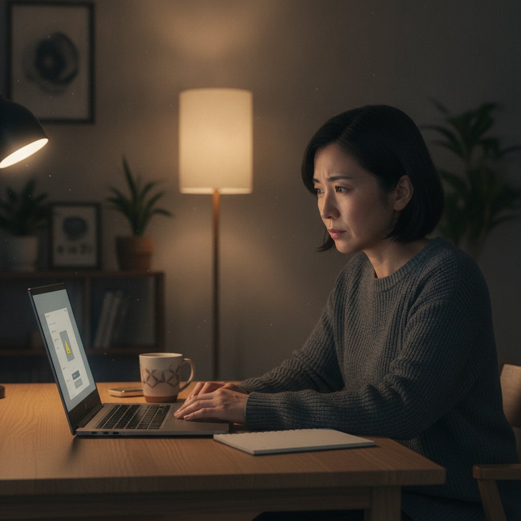 Windows セキュリティのセキュアブート欄に表示された注意マークを心配そうに確認する女性