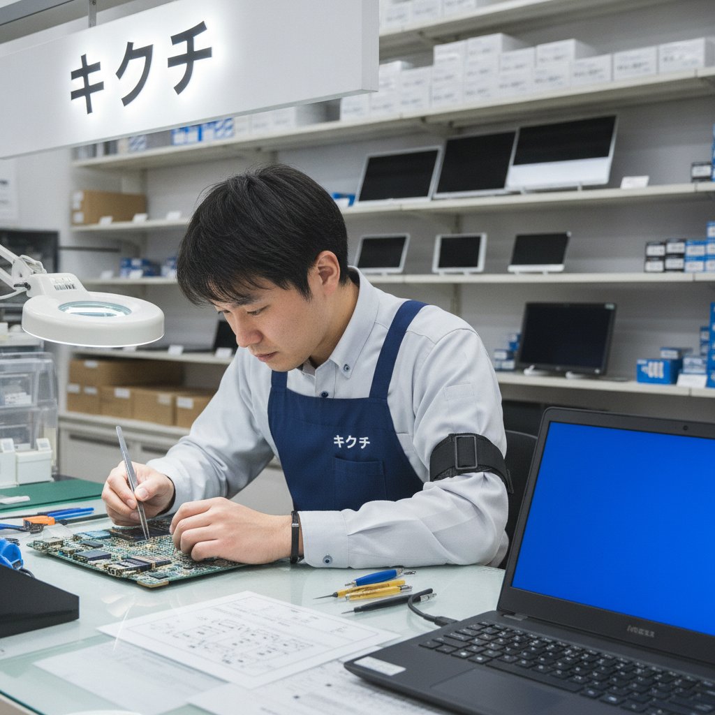 修理店でパソコンのマザーボードとファームウェアの状態を確認する技術スタッフ