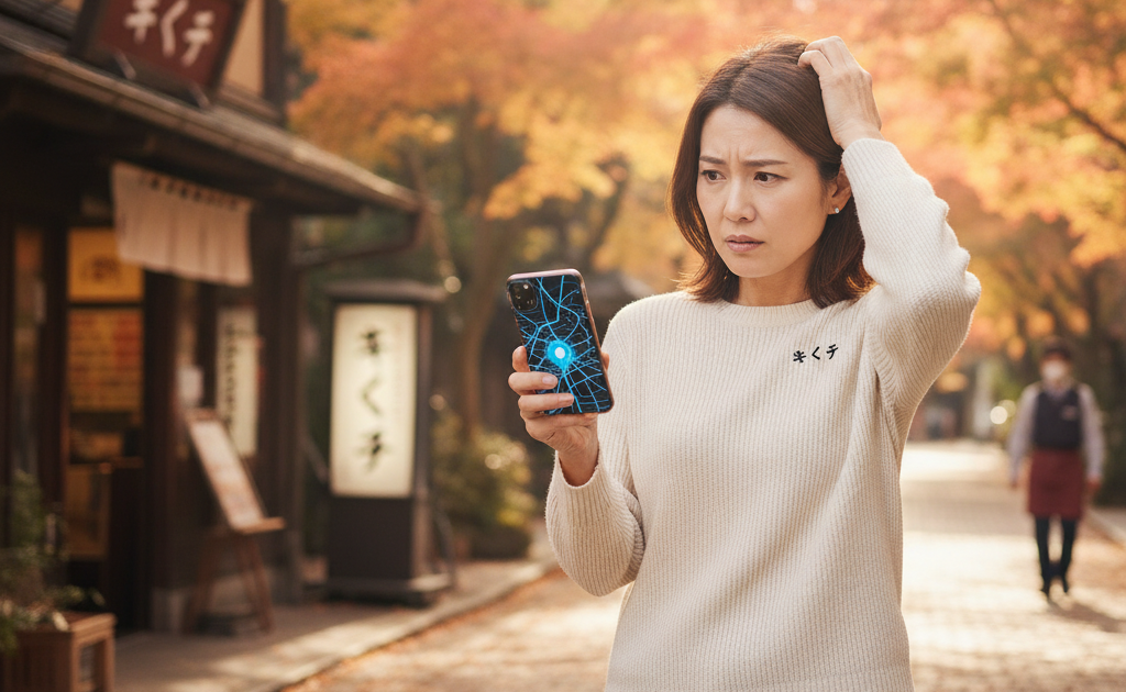秋の街中でスマホの地図アプリの現在地がずれて困っている女性