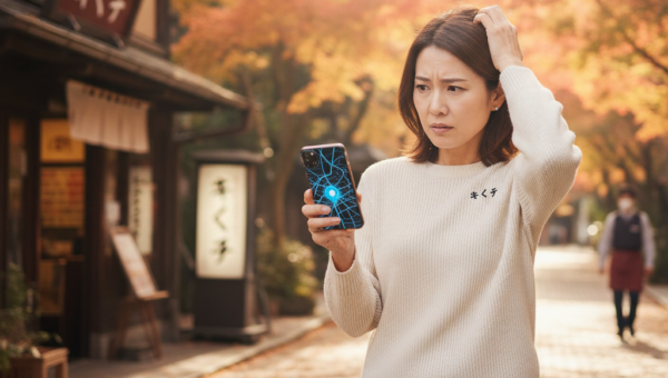 秋の街中でスマホの地図アプリの現在地がずれて困っている女性