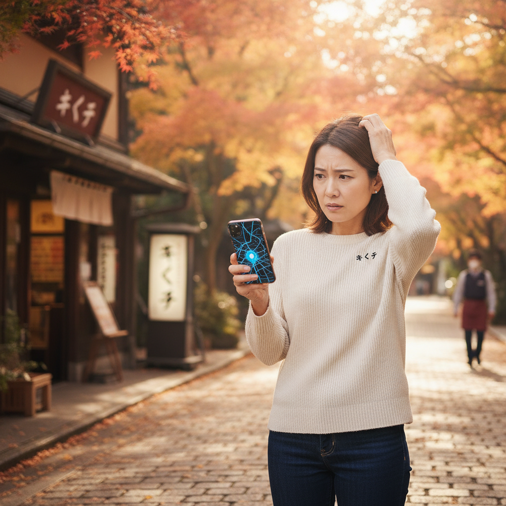 秋の街中でスマホの地図アプリの現在地がずれて困っている女性