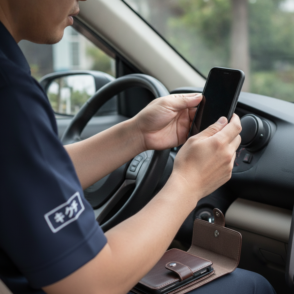 車内でマグネット式ホルダーからスマホを外し、磁石付き手帳型ケースを確認する様子