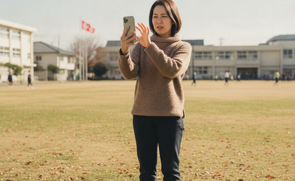 晴れた日の屋外で、スマホの画面が暗く見えにくくて困っている女性