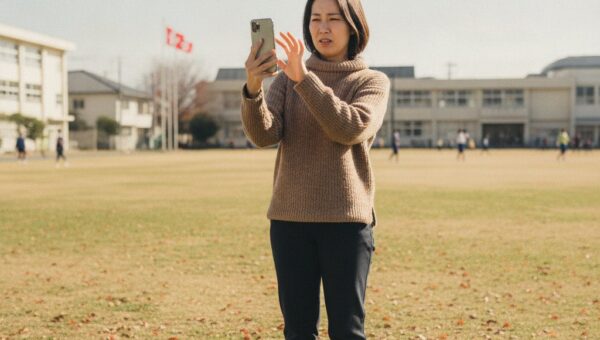 晴れた日の屋外で、スマホの画面が暗く見えにくくて困っている女性