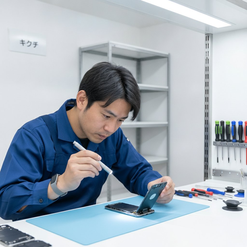 修理スタッフがスマホの画面を開き、ライトを当ててバックライトの状態を点検している様子
