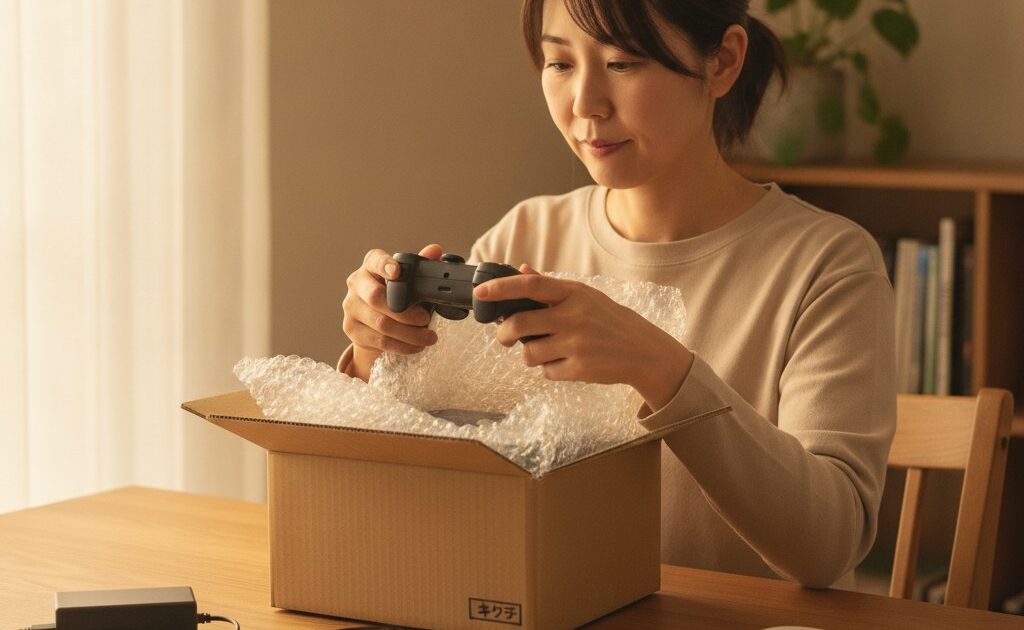 届いた中古ゲーム機の箱を開け、コントローラーの状態を確かめる女性