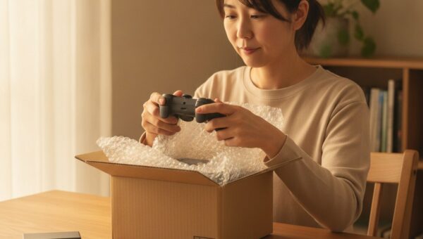 届いた中古ゲーム機の箱を開け、コントローラーの状態を確かめる女性