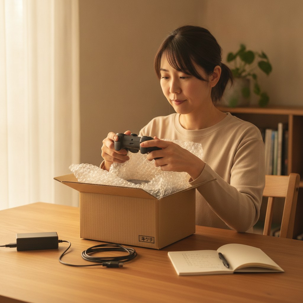 届いた中古ゲーム機の箱を開け、コントローラーの状態を確かめる女性