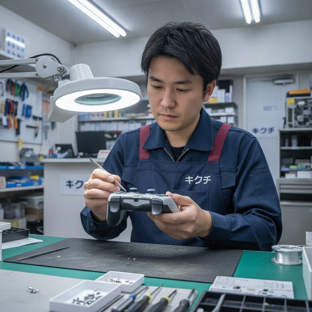 修理店でゲームコントローラーのスティックを拡大鏡で点検するスタッフ