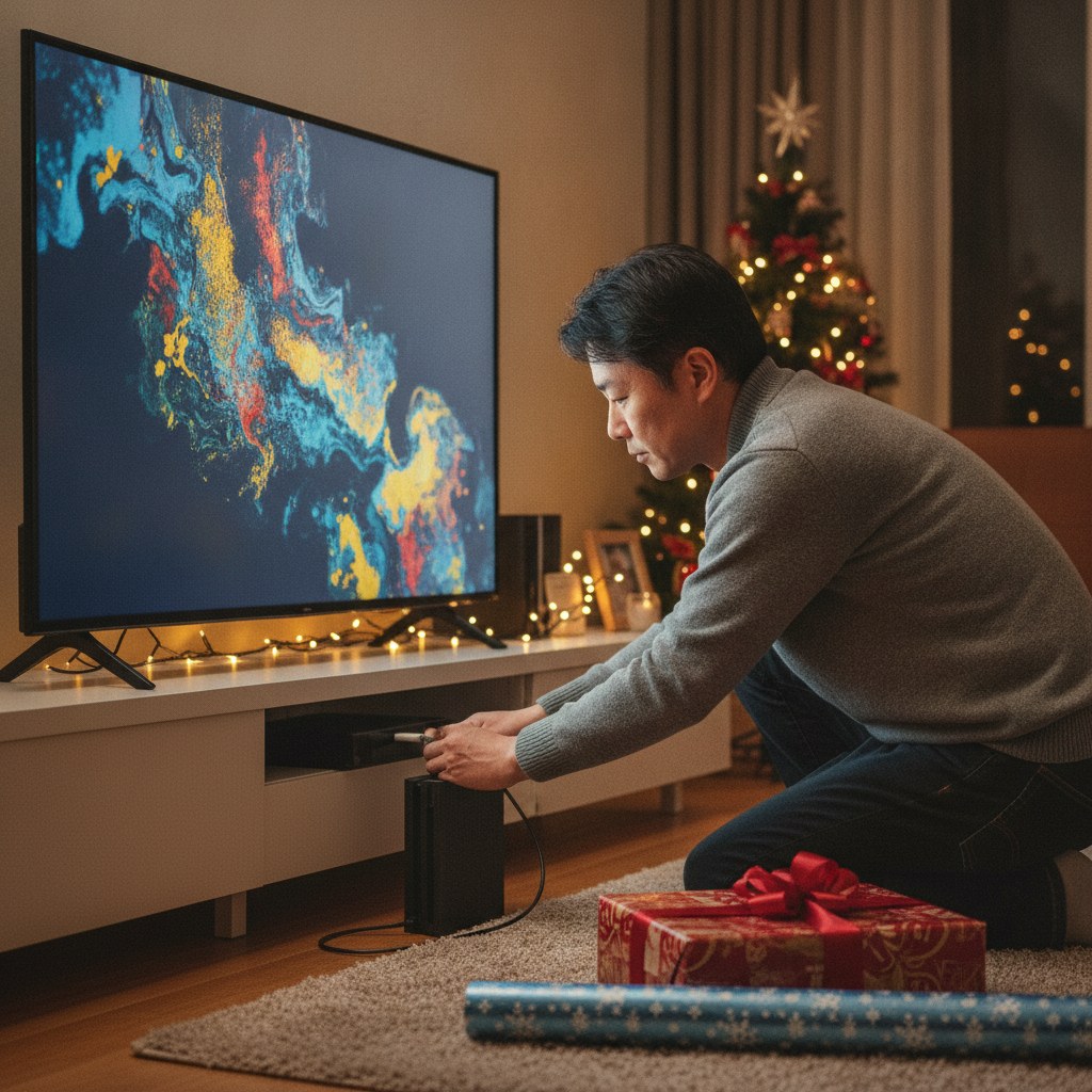プレゼント前に中古ゲーム機をテレビにつなぎ、映像が出るか確認する男性